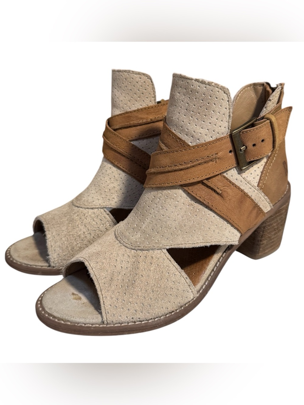 Roan Natalie Suede Open-Toe Block Heel Sandals in Beige and Tan - 6.5